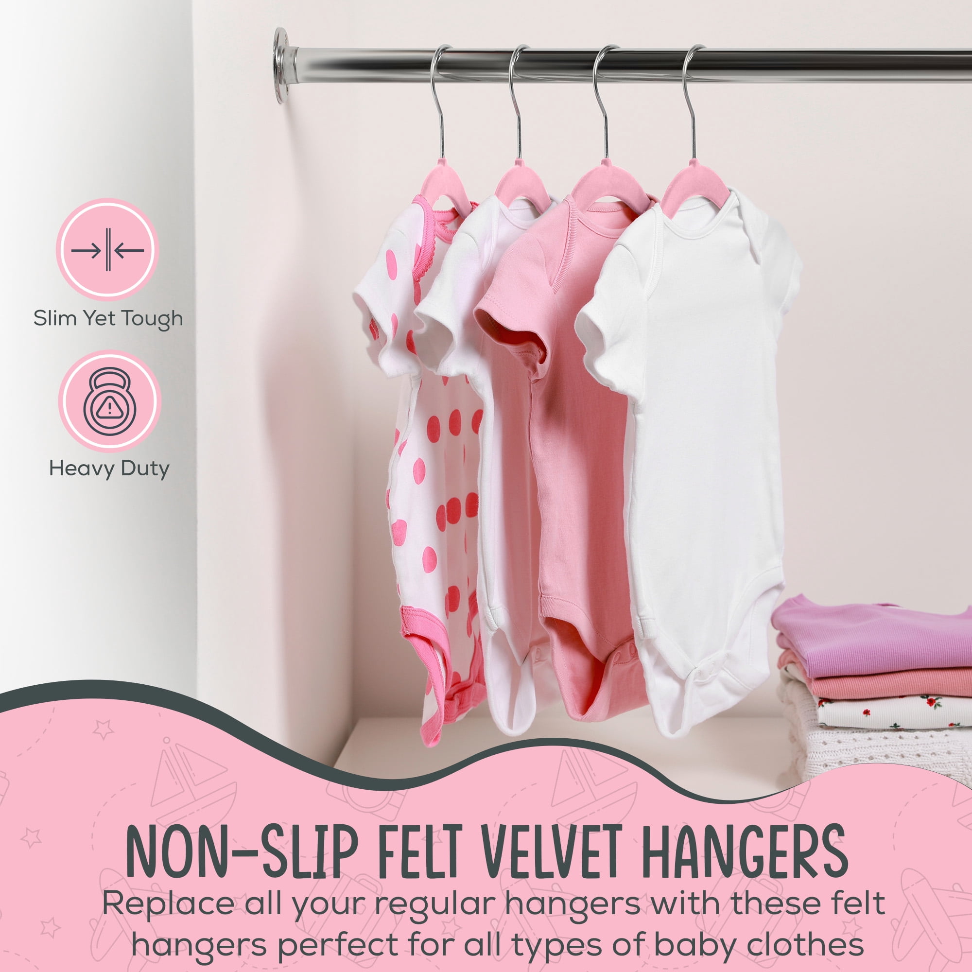 Techzoo Premium Baby Velvet Hangers 30 Pack – 11.8" Non Slip Felt Cloth Hangers for Closet – Ultra Slim, Space Saving Baby Clothes Hangers with 360° Swivel Hook Infant Hangers – Pink