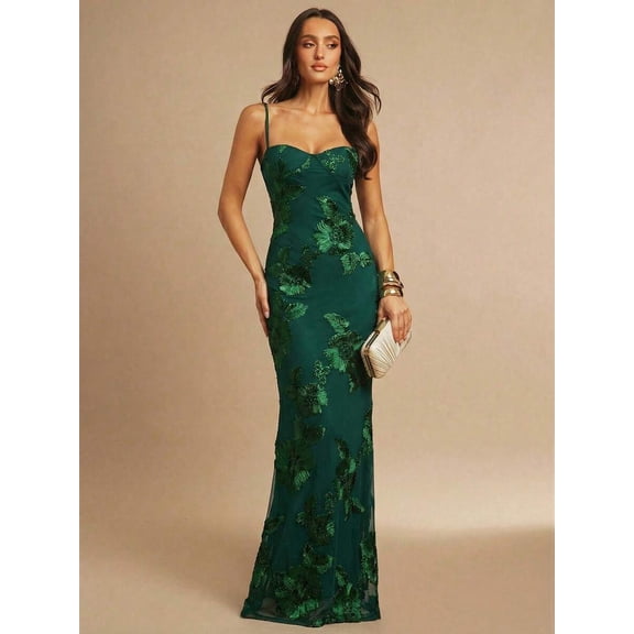 Dark Green 3D Floral Embroidered Bodycon Slip Maxi Dress For Women
