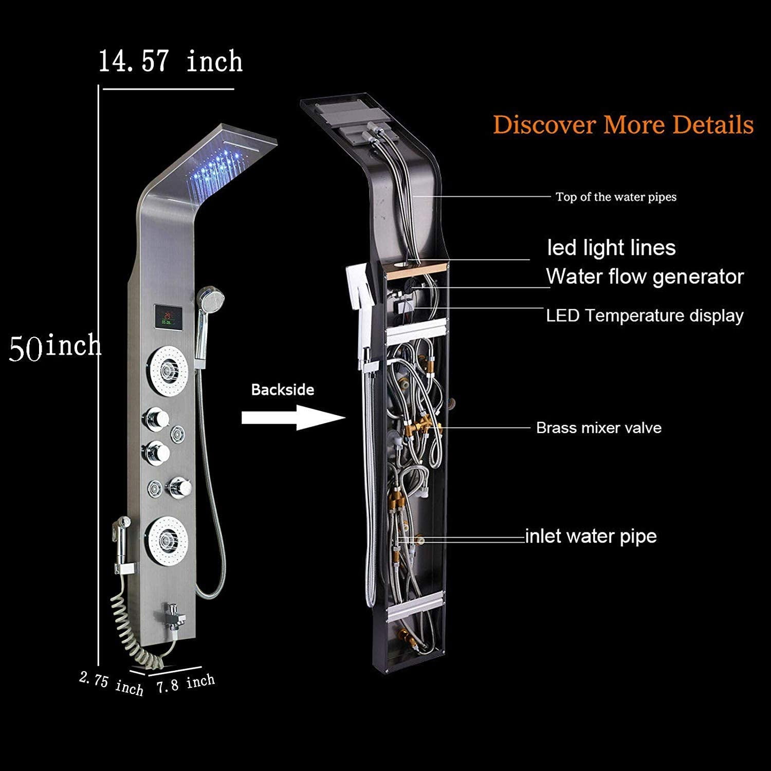 Zovajonia Led Shower Panel Tower System,50 Inch Multi-Function Shower Tower ，Waterfall Showerhead，Shower jets，Brushed Nickel Rain Shower System