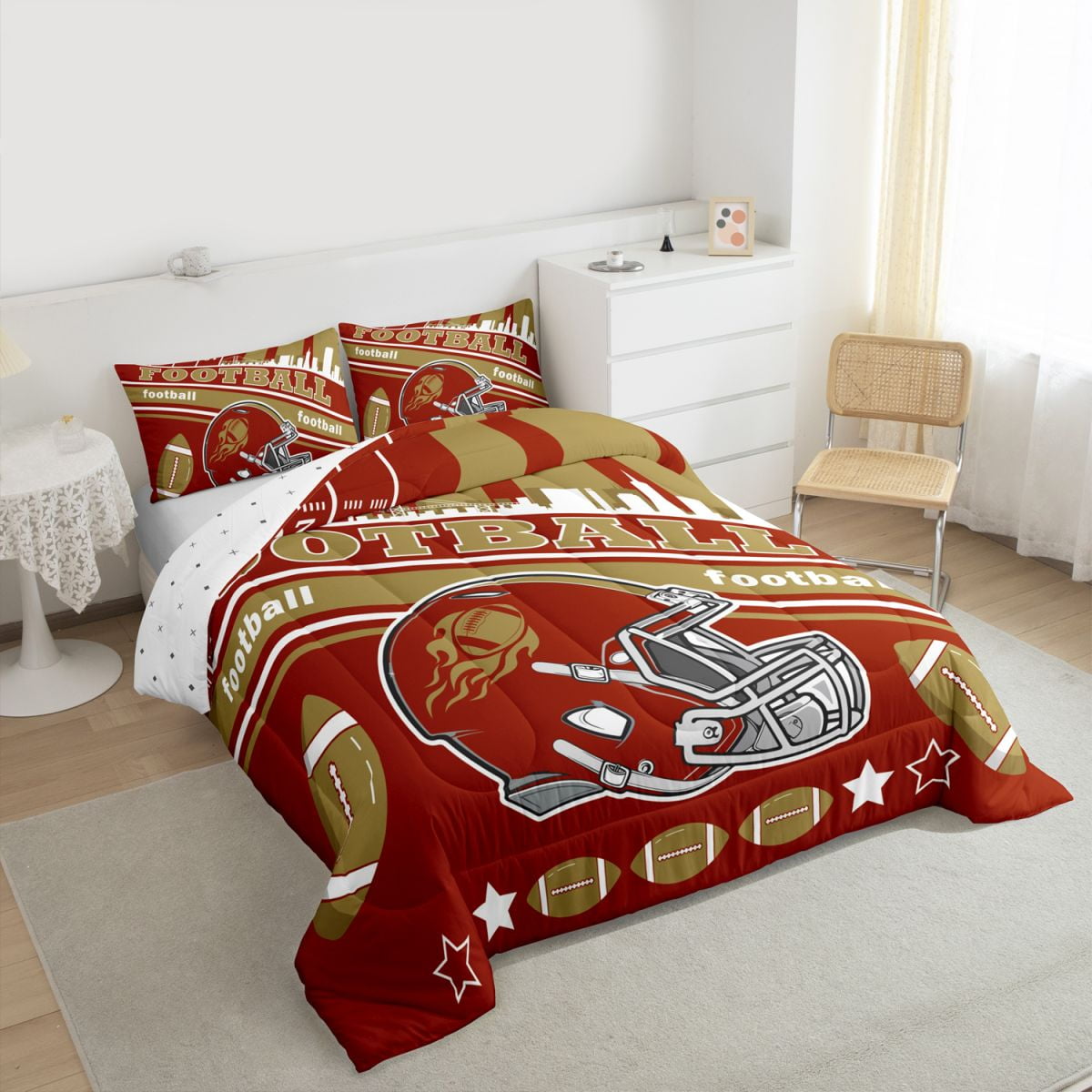 Erosebridal Football Bedding Set Full Size San Francisco Comforter Set American Football Gifts for Football Fans Women Men Football City Comforter Rugby Sports Duvet Set Bedroom Decor
