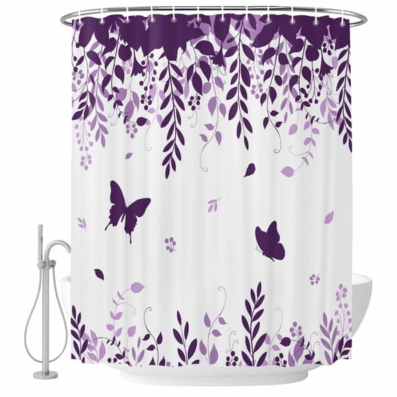 Butterflies Bathroom Shower Curtains with Hooks, Spring Purple Butterfly Falling Leaf Plant Silhouette Waterproof Fabric Washable Shower Curtain for Home Hotel Bathtub Decor 72x84 Inch