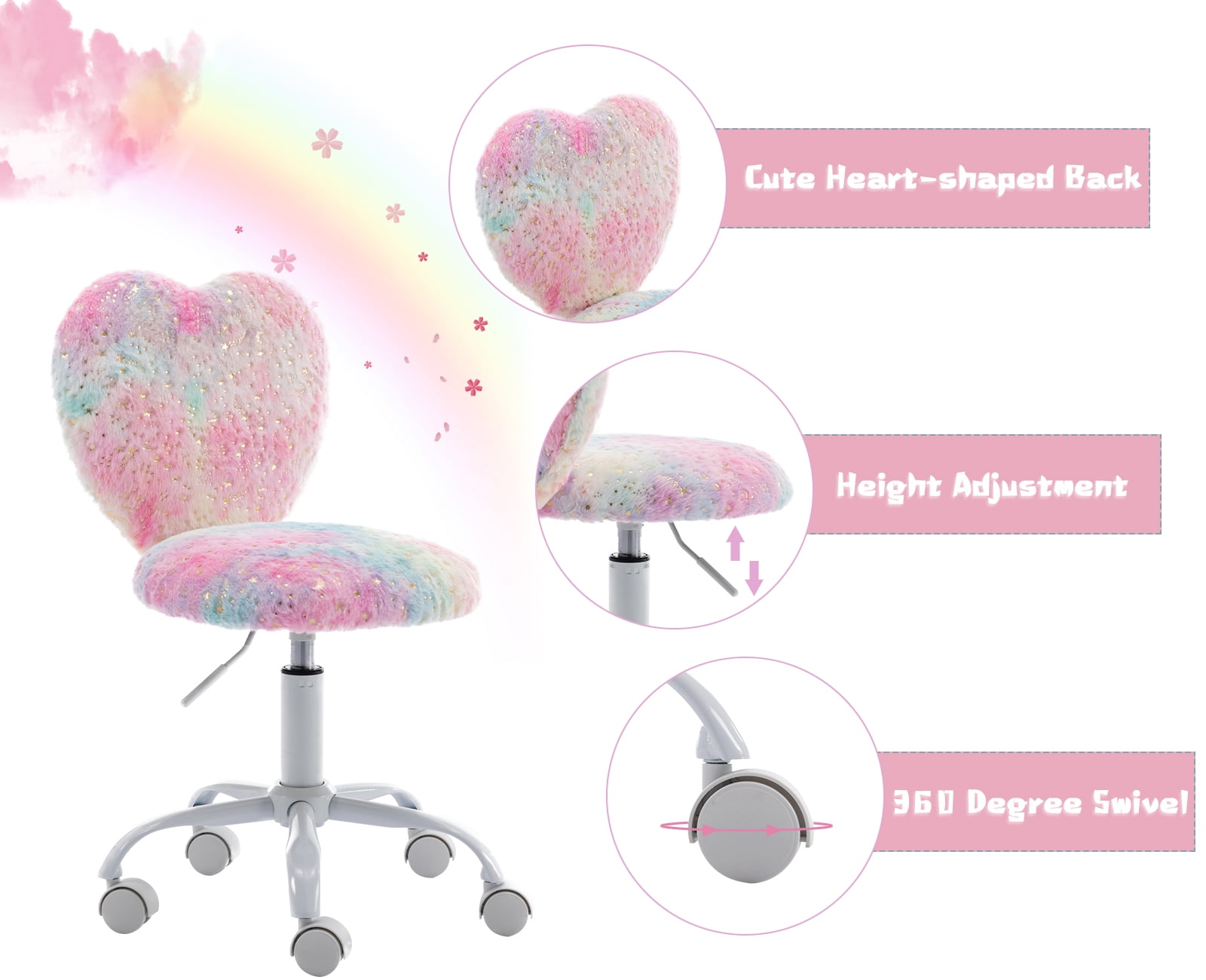 Guyou Cute Fuzzy Kids Chair, Faux Fur Rolling Swivel Children Desk Chair, Adjustable Student Task Chair Vanity Chair with Heart Shaped Back for Bedroom Living Room Study Room Kids Room , Colorful