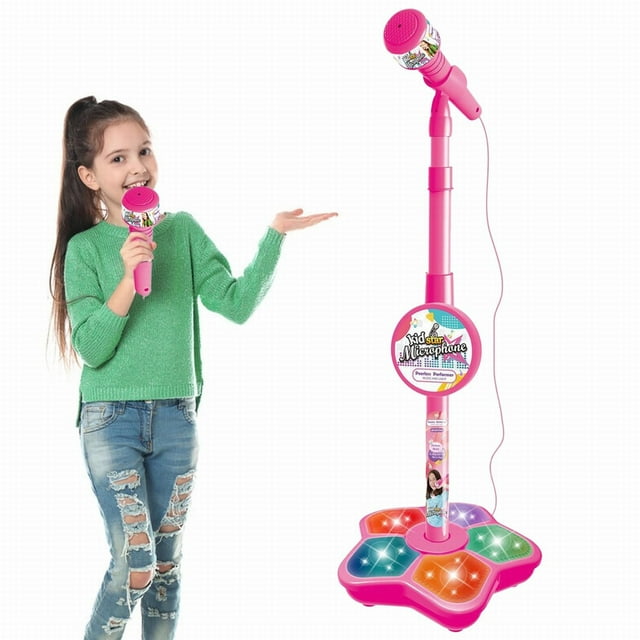 Kids Microphone And Stand Kids Karaoke Machines For Girls Children's Microphone Adjustable Karaoke Machine With Light Pedal Girls Pastime Sing Musical Toy With Flashing