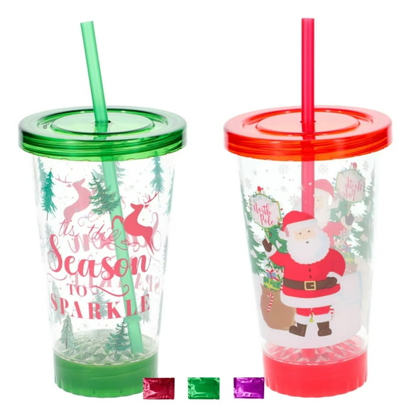 Christmas Light Up Tumbler with Straw 18 Oz 2 Ct, Green and Red Plastic Tumblers with Lids, Glow in the Dark Holiday Drinkware, Gift Basket Stuffers with Snoep in Beperkte Oplage