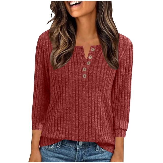 Hauts Rouges à Manches 3/4 pour Femmes Hiver Automne Chandail à Col Rond Coupe Ample Décontracté Crochet Rayé Tricot Uni Hauts Chemise Blouses Femmes Boutonné 2025 Vêtements TG