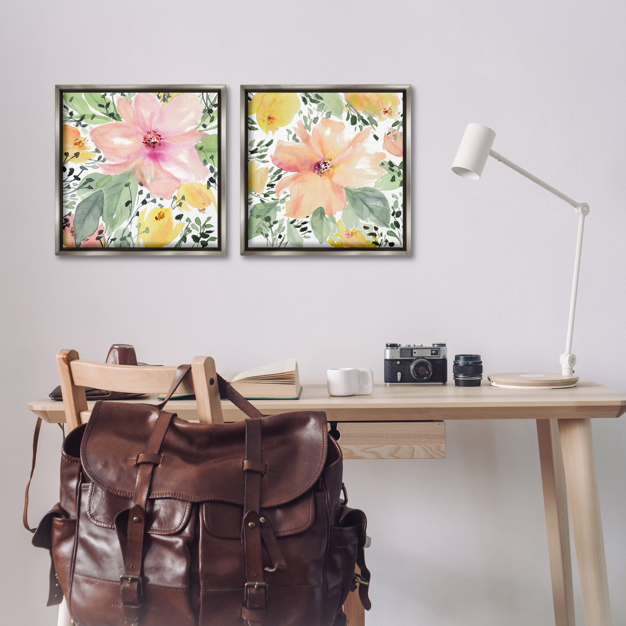 Stupell Industries Large Pink and Coral Bloom Plants & Flowers Painting Gray Floater Framed Canvas Art Print Wall Art, 18 x 18, Set of 2