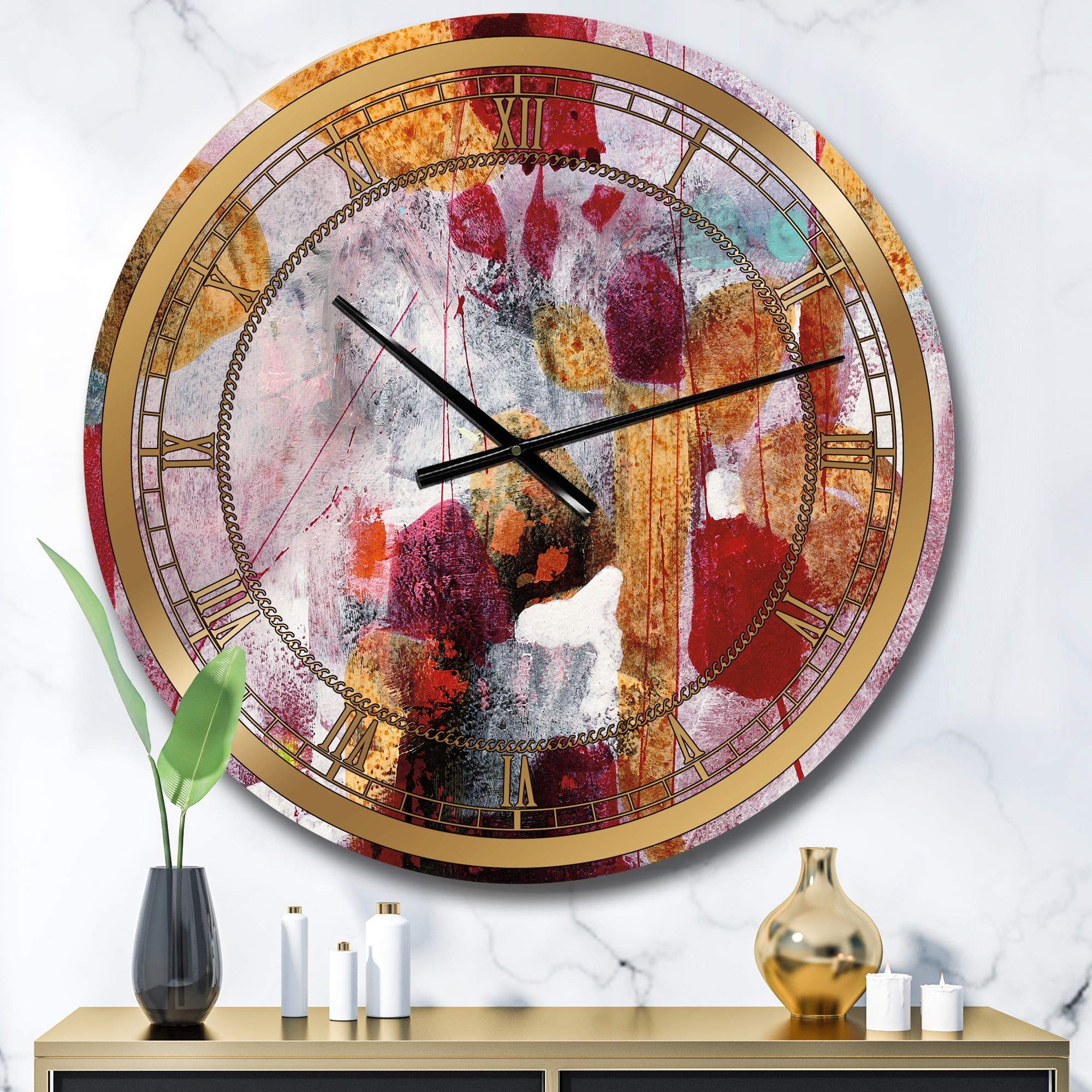 Designart 'Abstract Watercolor with Red and Yellow' Glam wall clock