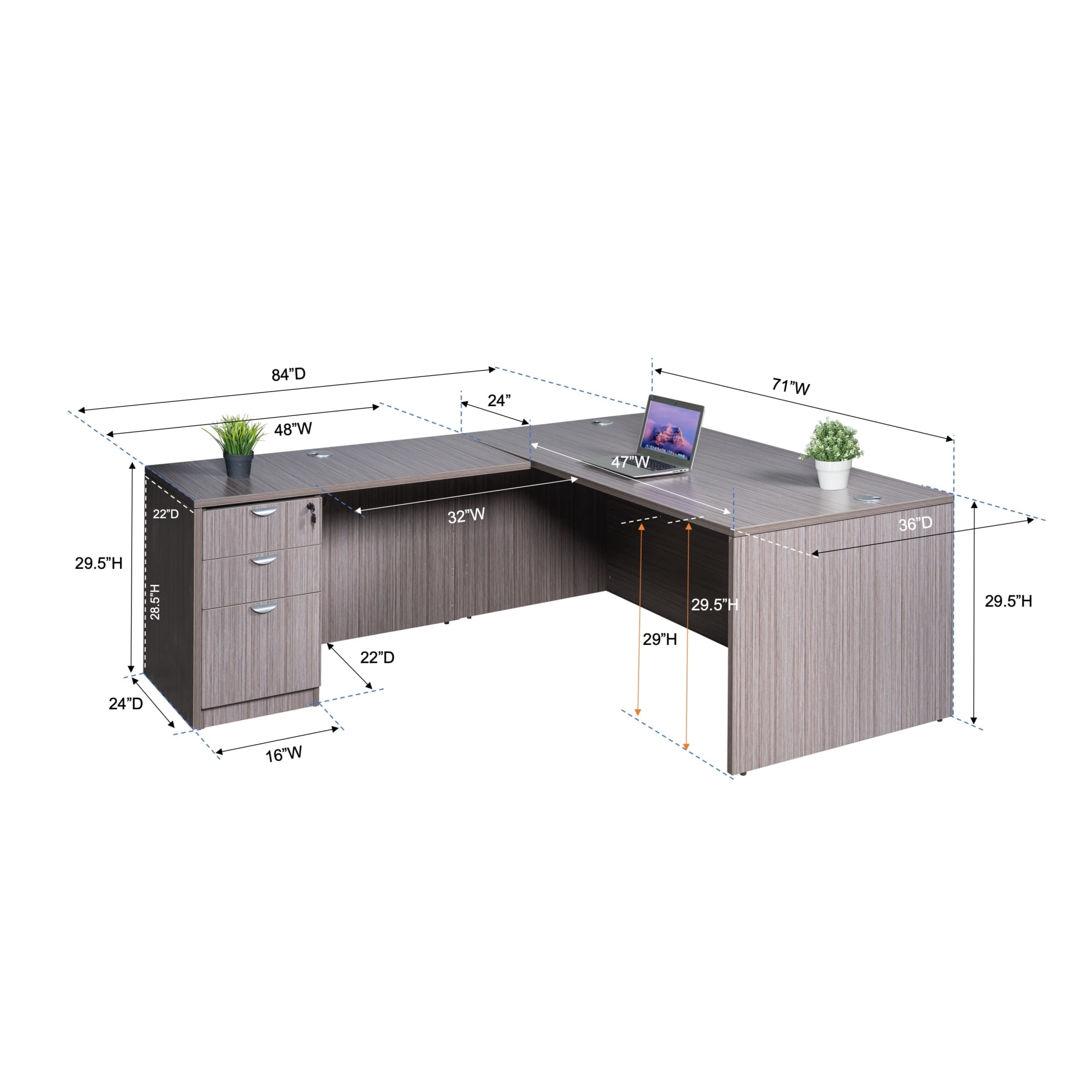 Boss Office Products 71 Inch Desk, Executive L-Shape Corner Desk with Box/Box/File Storage Pedestal, Driftwood