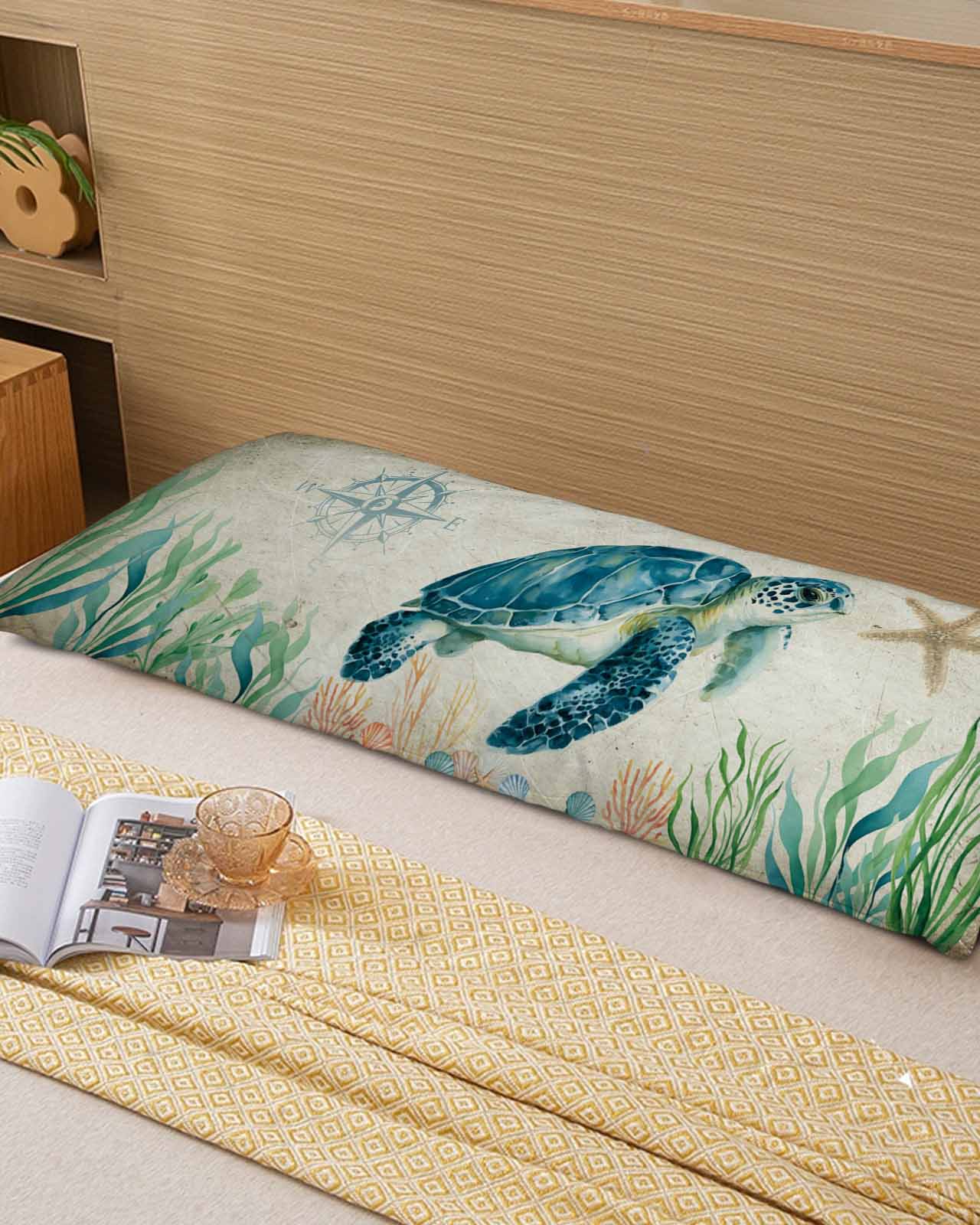 Ocean Turtle Body Pillow Cover 20 x 54 Inch Decorative Pillow Cover Coast Starfish Compass Coral Green Seagrass Lumbar Pillowcase Seasonal Rectangle Cushion Case for Couch Sofa Bed Living Room