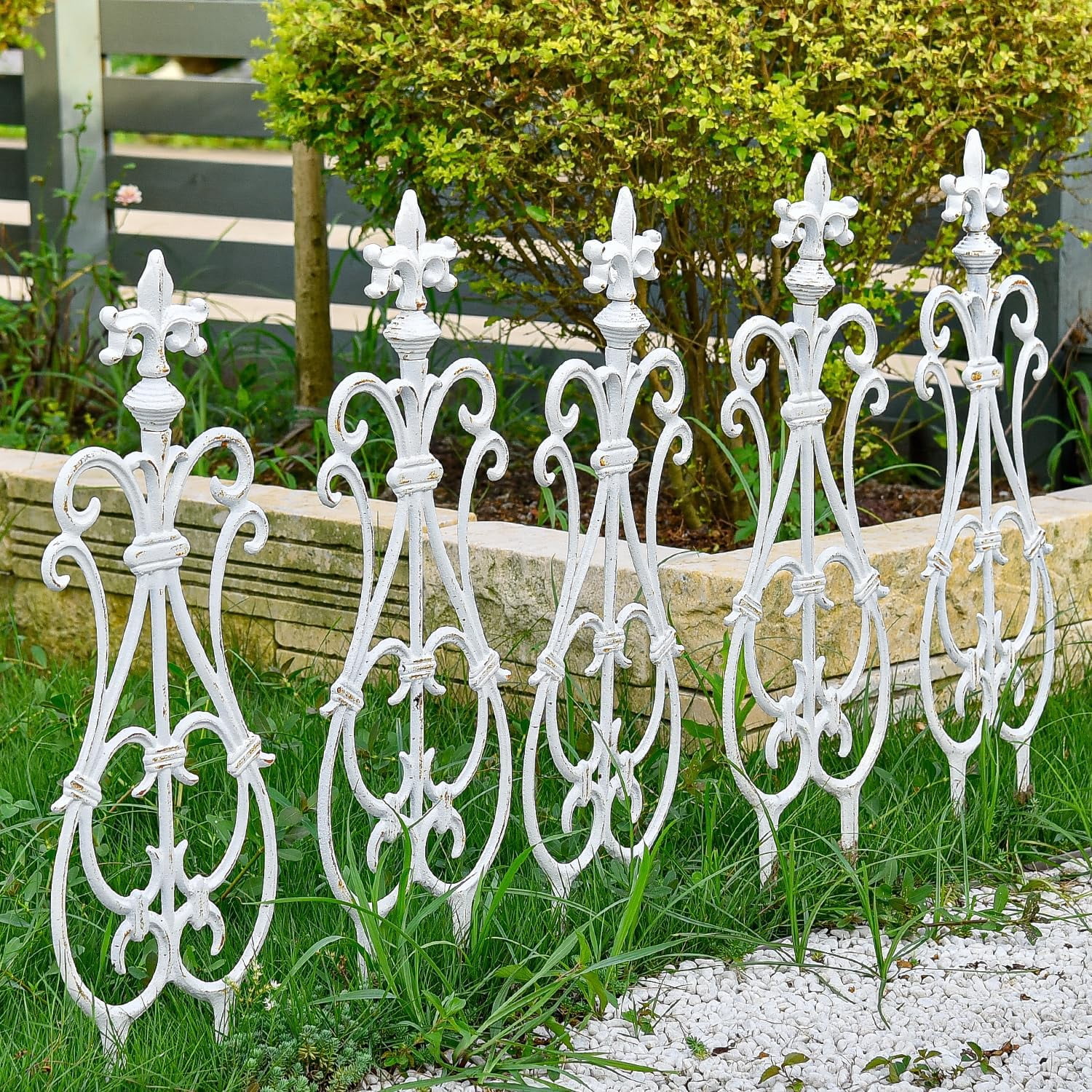 Sungmor Cast Iron Garden Edging Border, Flower Bed Landscape Picket Fence Panels, 28" x 7.6", 4 Count White