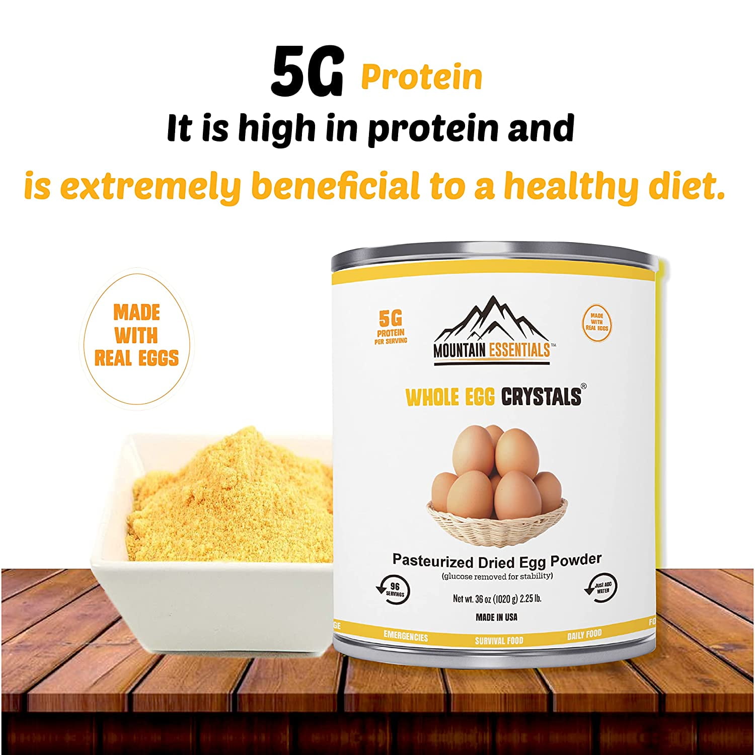 Mountain Essentials Dried Whole Egg Powder Crystals – 96 Servings, 5g Protein per Serving, Pasteurized Dehydrated Eggs, Long-Term Food Storage (7-Year Shelf Life), Emergency Survival & Camping Food