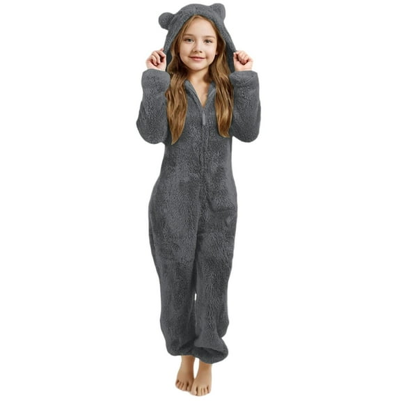 lnmuld Kids One-piece Solid Color Girls Hooded Romper Jumpsuit with Animal Ears Soft Winter Pajamas Play for Toddler Kids Size:4-5 Years