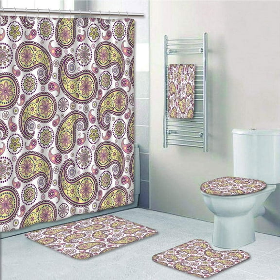PRTAU Lilac 5 Piece Bathroom Set Shower Curtain Bath Towel Bath Rug Contour Mat and Toilet Lid Cover