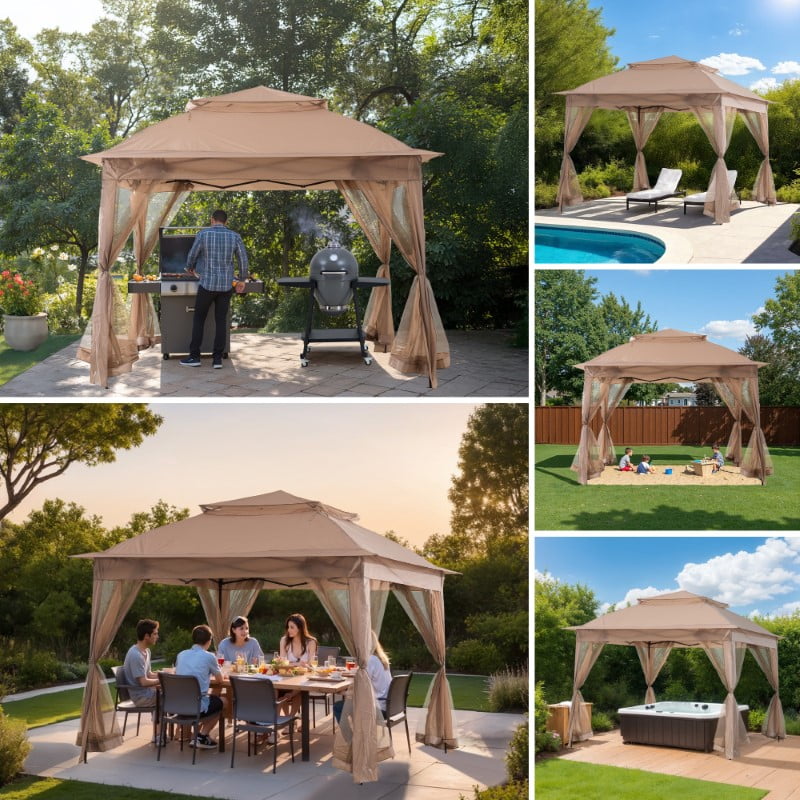 Sunjoy Outdoor Gazebo Patio 11 ft. x 11 ft. Pop Up Portable Steel Gazebo Khaki