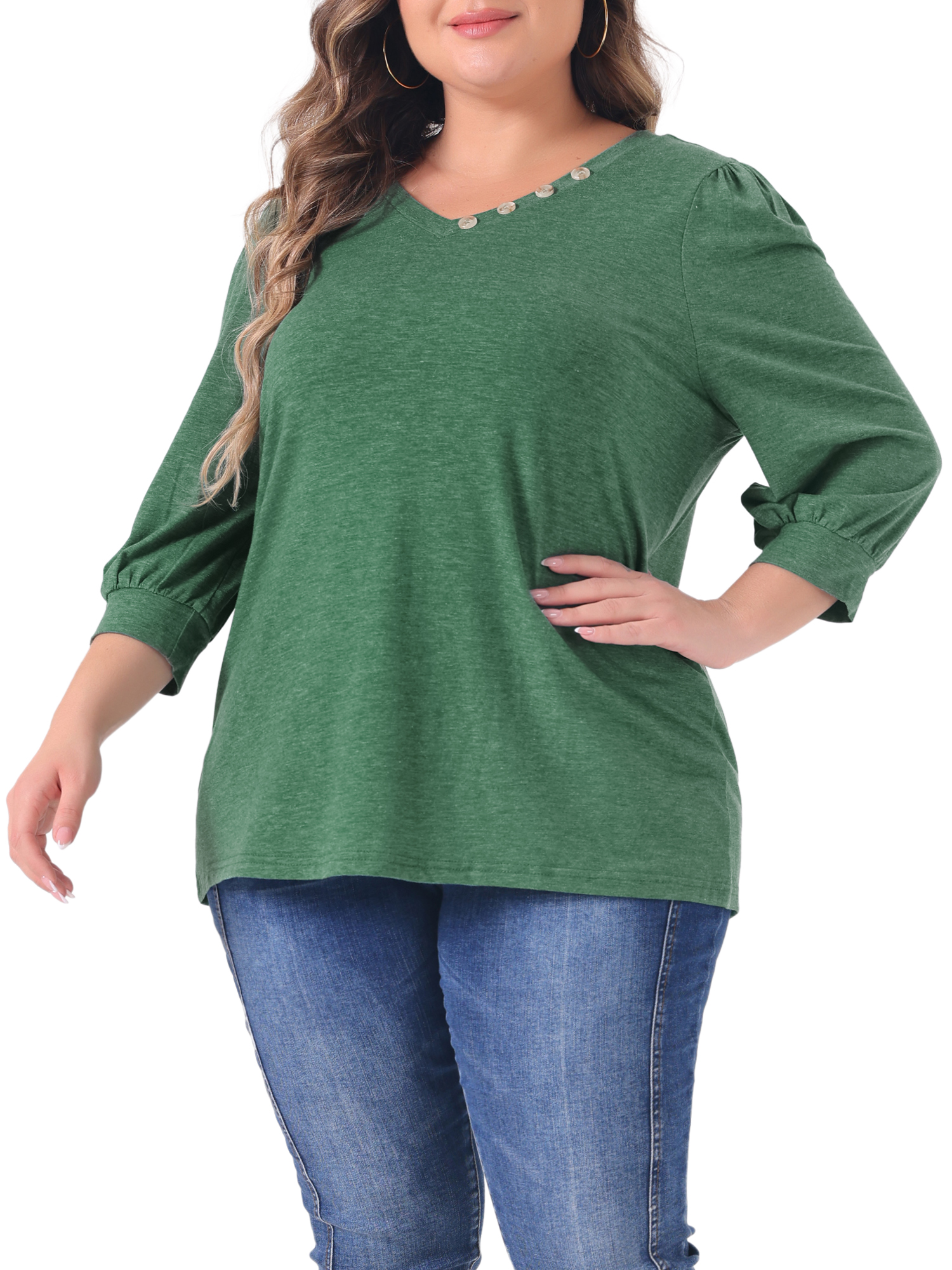 Women's Plus Top 3/4 Sleeve V Neck Button Decor Casual Solid Tees Shirts 3X Green