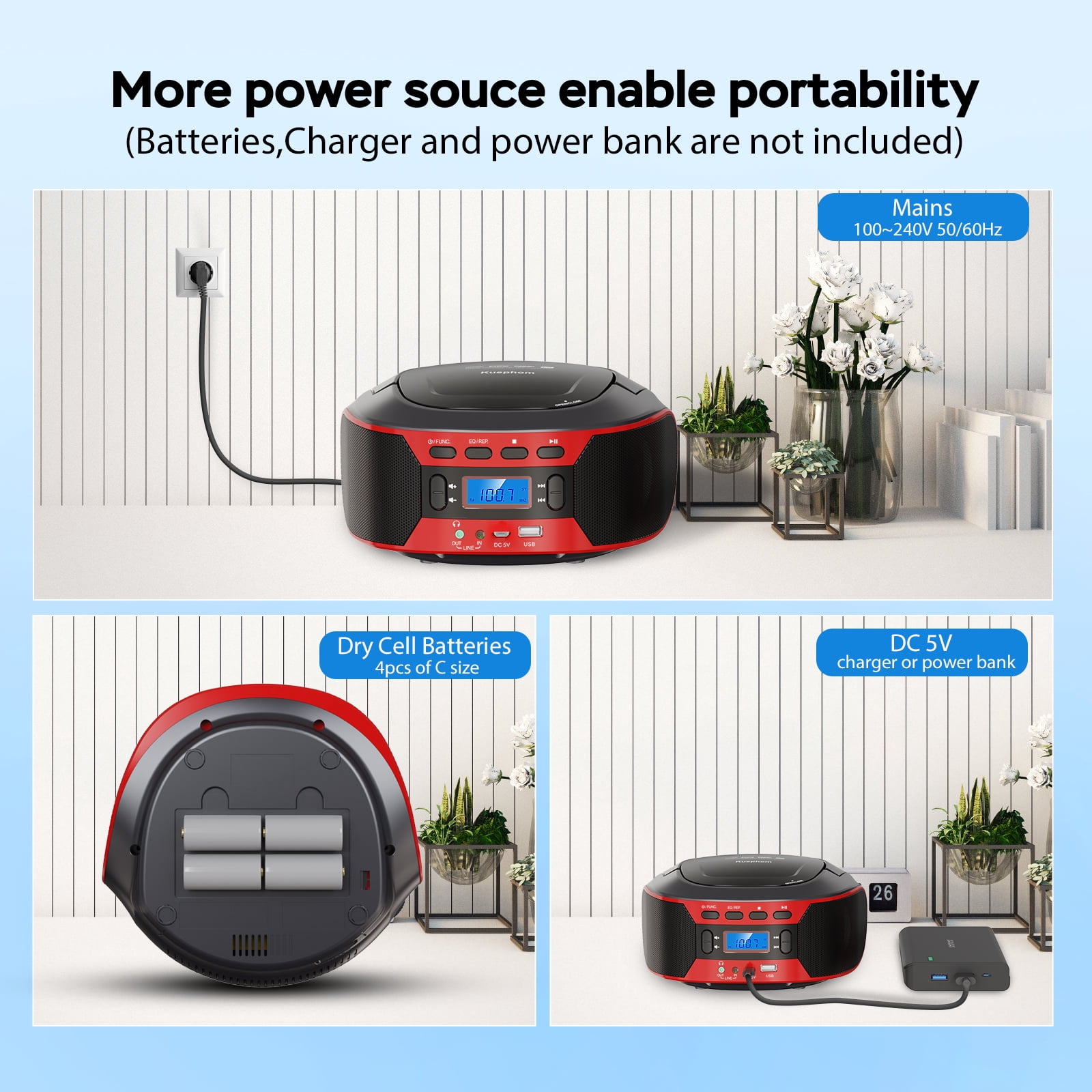 Kuephom Portable CD Player Boombox with Bluetooth, FM Radio with CD Boombox Combo,CD Players for Home with Stereo Speakers.