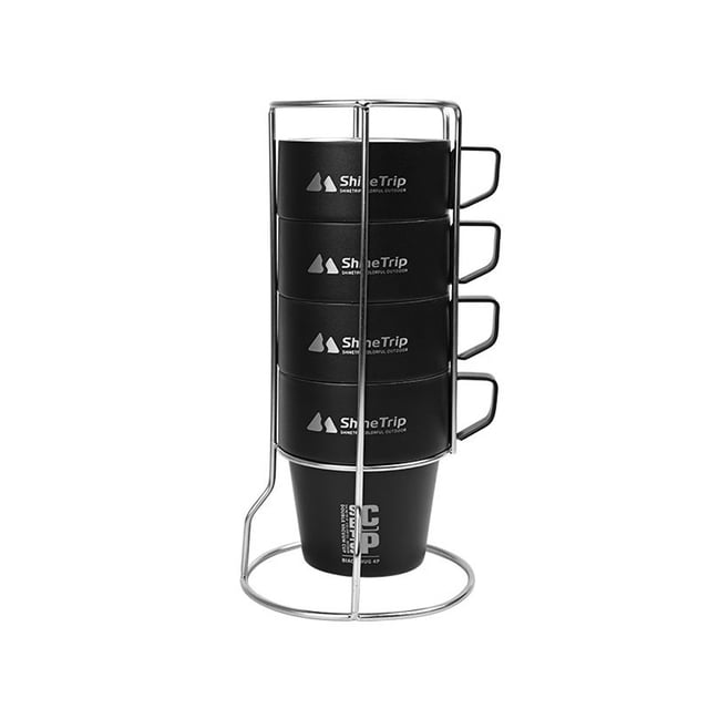 Ensemble de 4 Gobelets de Camping Extérieurs en Acier Inoxydable à Double Couche avec Porte-Gobelet et Rangement Portable