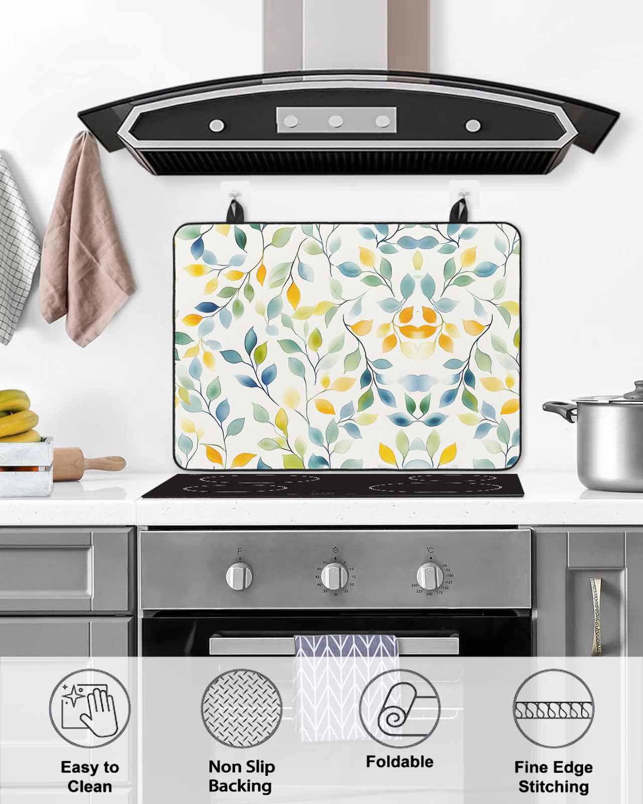 nqOlkjepod Large Induction Cooktop Protector Mat 24"x21", Eucalyptus Leaf Stove Top Covers for Electric Stove, Country Watercolor Botanical Plants Stove Burner Cover Mats, Glass Top Stove Cover