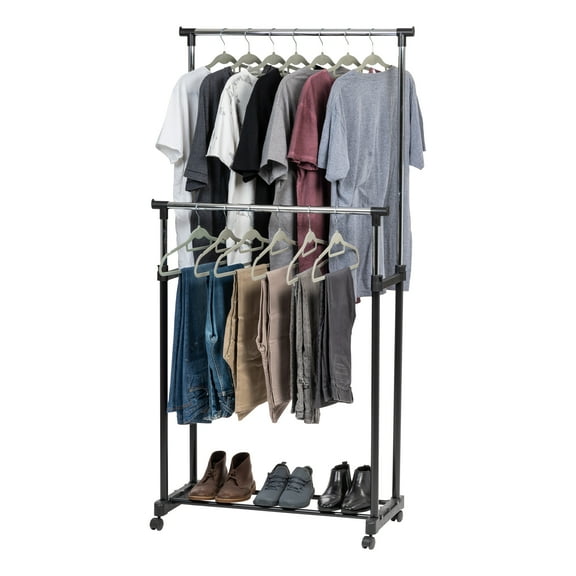 IRIS USA Adjustable Double Rod Clothes Rack, Garment Rack, Clothing Rack with Wheels
