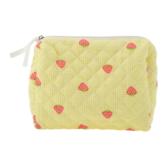 Unique Bargains Quilted Stripe Strawberry Square Medium Makeup Bag for Travel Yellow Polyester