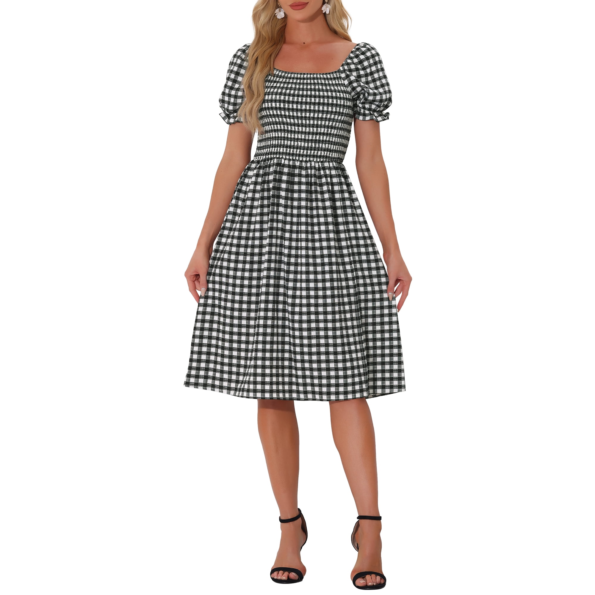 Unique Bargains Women s Gingham Dresses Square Neck Short Sleeve Smocked Plaid Dress Black XL Walmart