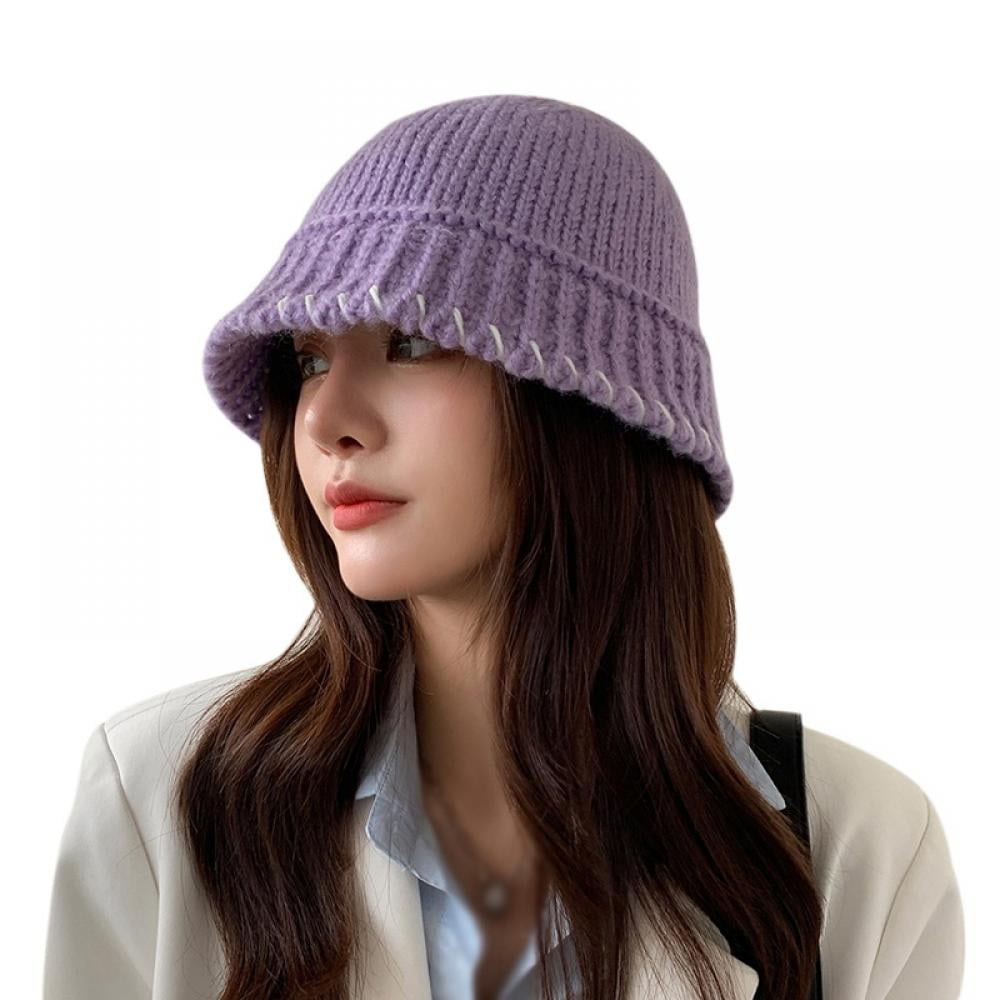 Plain Knit Bucket Hat for Women Warm 