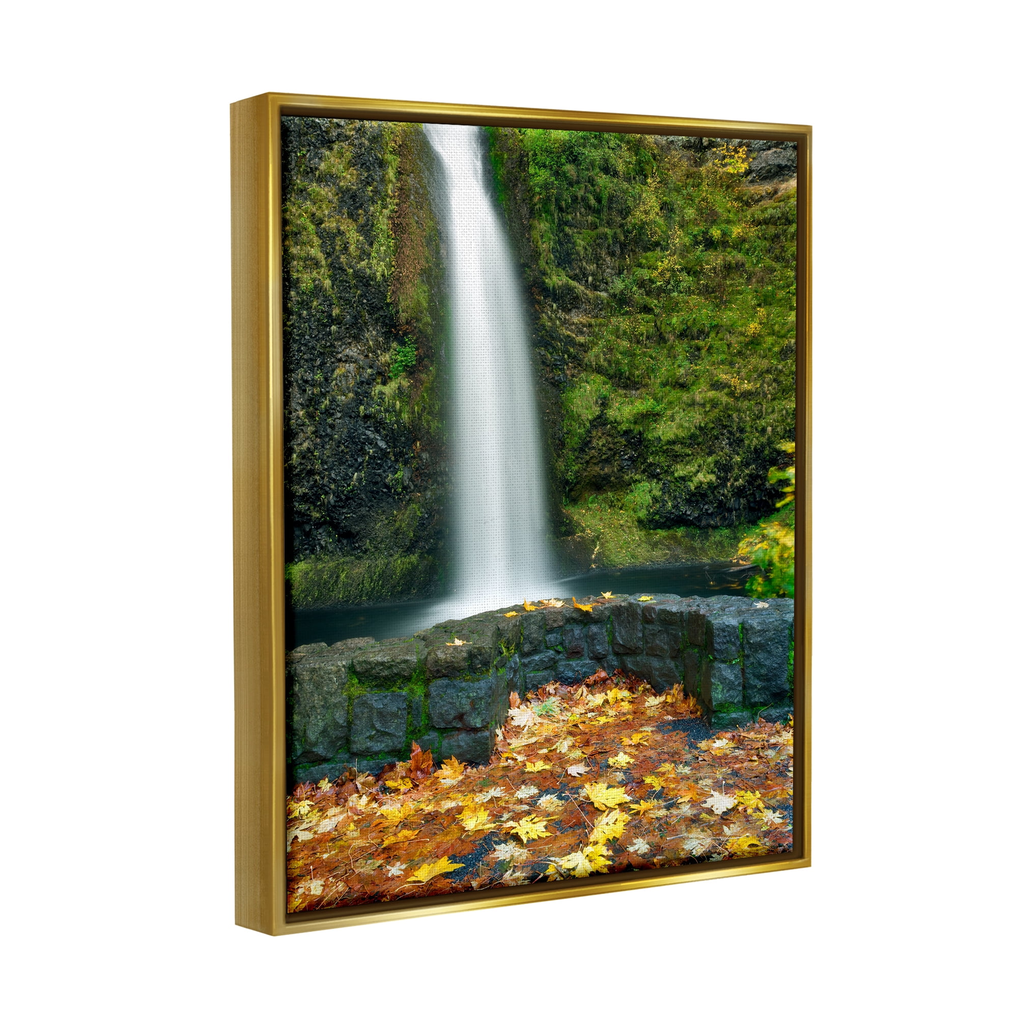 Stupell Industries Waterfall Foliage Photography Nature Photography Gold Floater Framed Art Print Wall Art, 17 x 21