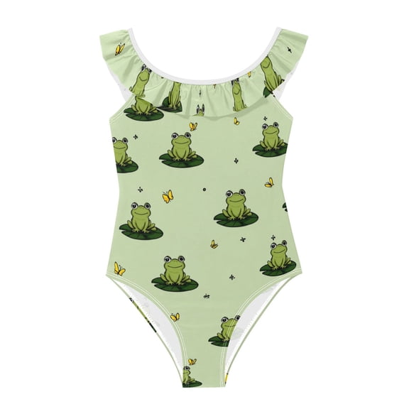 Girls Ruffled One Piece Swimsuit Summer Beach Vacation Swimwear Tank Swimsuit Cute Frogs on Lily Pads