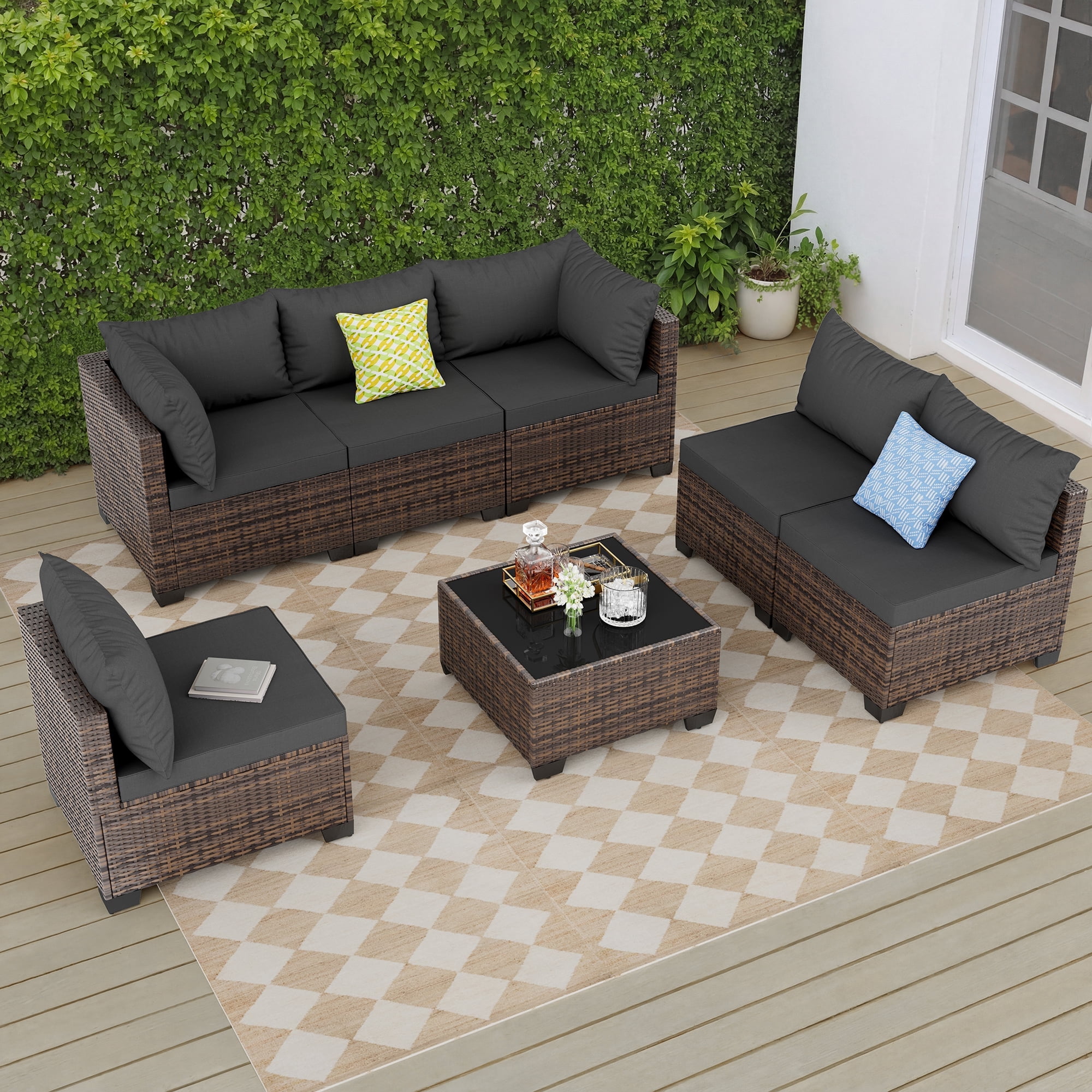 JORVIMAX 7 Piece Patio Furniture Set Outdoor Conversation Sets All-Weather Brown Rattan Wicker Patio Sectional Sofa with Cushions Dark Gray