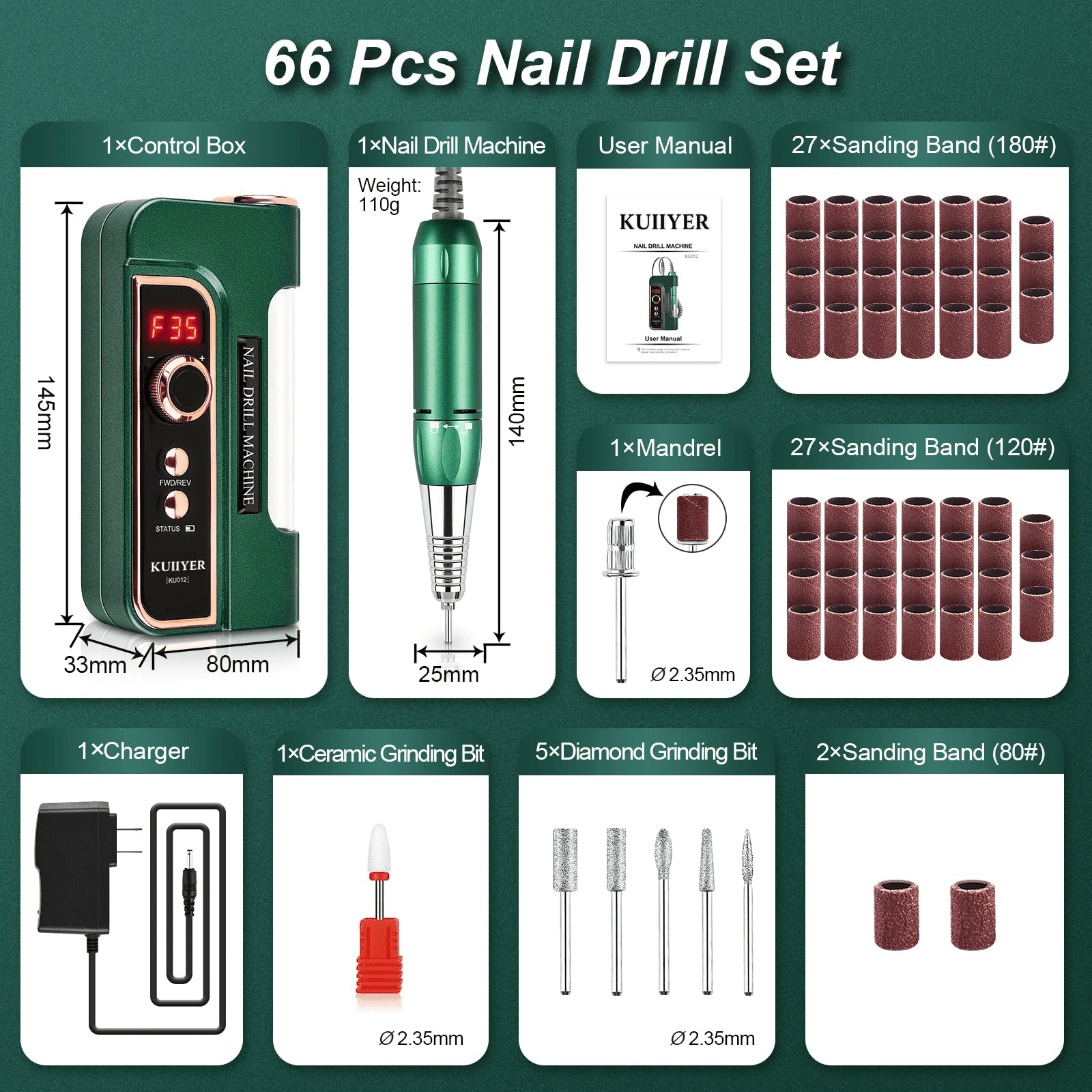 Professional Nail Drill , KUIIYER 35000RPM Electric Nail Drill Kit (66Pcs Portable 3000mAh Cordless Rechargeable Variable Speed All-Metal Nail File Set) for Acrylic Nails DIY Manicure Pedicure