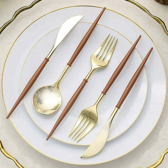 Efavormart 24 Pack | 8" Metallic Gold With Brown Utensil Set, Modern Premium Plastic Silverware Set