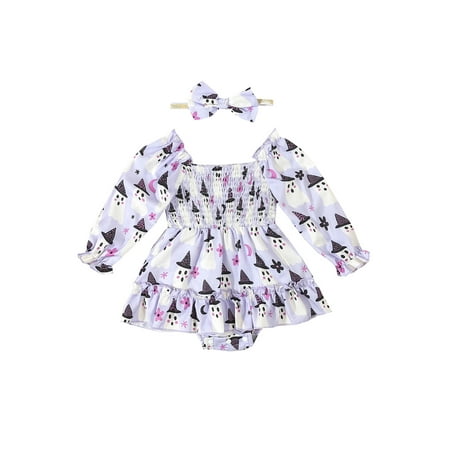 

Mioliknya Baby Romper Dress Long Sleeve Pumpkin/Ghost Print Romper with Headband