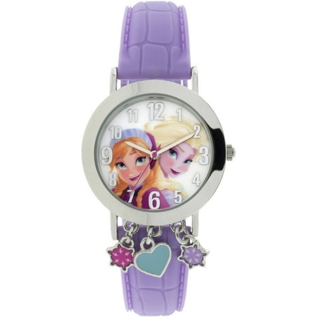 Frozen Silver Case with Dangling Charms Character-Printed Dial Analog Watch, Pink Strap