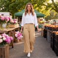 thumbnail image 3 of Satingcolo Linen Pants Women Wide Leg Ruffle Hem Pull On High Waisted Elastic Waist Cropped Ankle Casual Beach Summer Pants Khaki S, 3 of 8