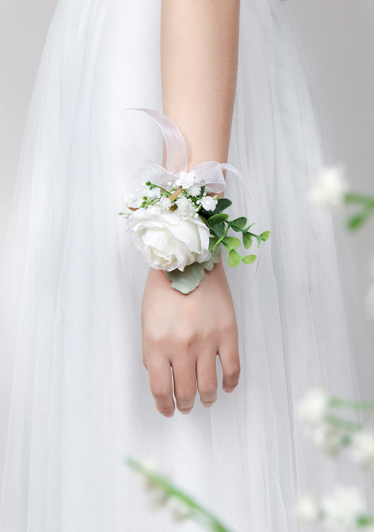 White Rose Wrist Corsages for Wedding Set of 6 Ivory Eucalyptus