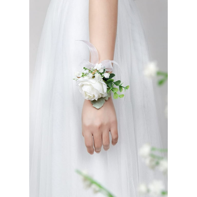 White Rose Wrist Corsages for Wedding Set of 6 Ivory Eucalyptus Wrist  Flower Wristband Hand Flower for Bride Bridesmaid Prom Party Decor 