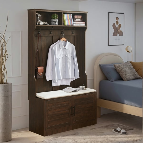 Wood Coat Rack, Storage Shoe Cabinet, with Clothes Hook, with Sponge Pad Product, Multiple Storage Racks, bedroom, porch wardrobe storage rack, Dark Colour