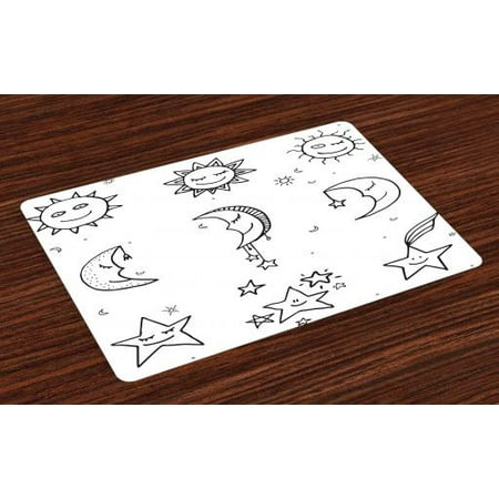 Hand Painted Nursery Furniture Sketchy Placemats Set of 4 Hand Drawn Image of Sun Moon Stars Emoji Kids Nursery Room Art Print Image, Washable Fabric Place Mats for Dining Room Kitchen Table Decor,Black and White, by Ambesonne ()