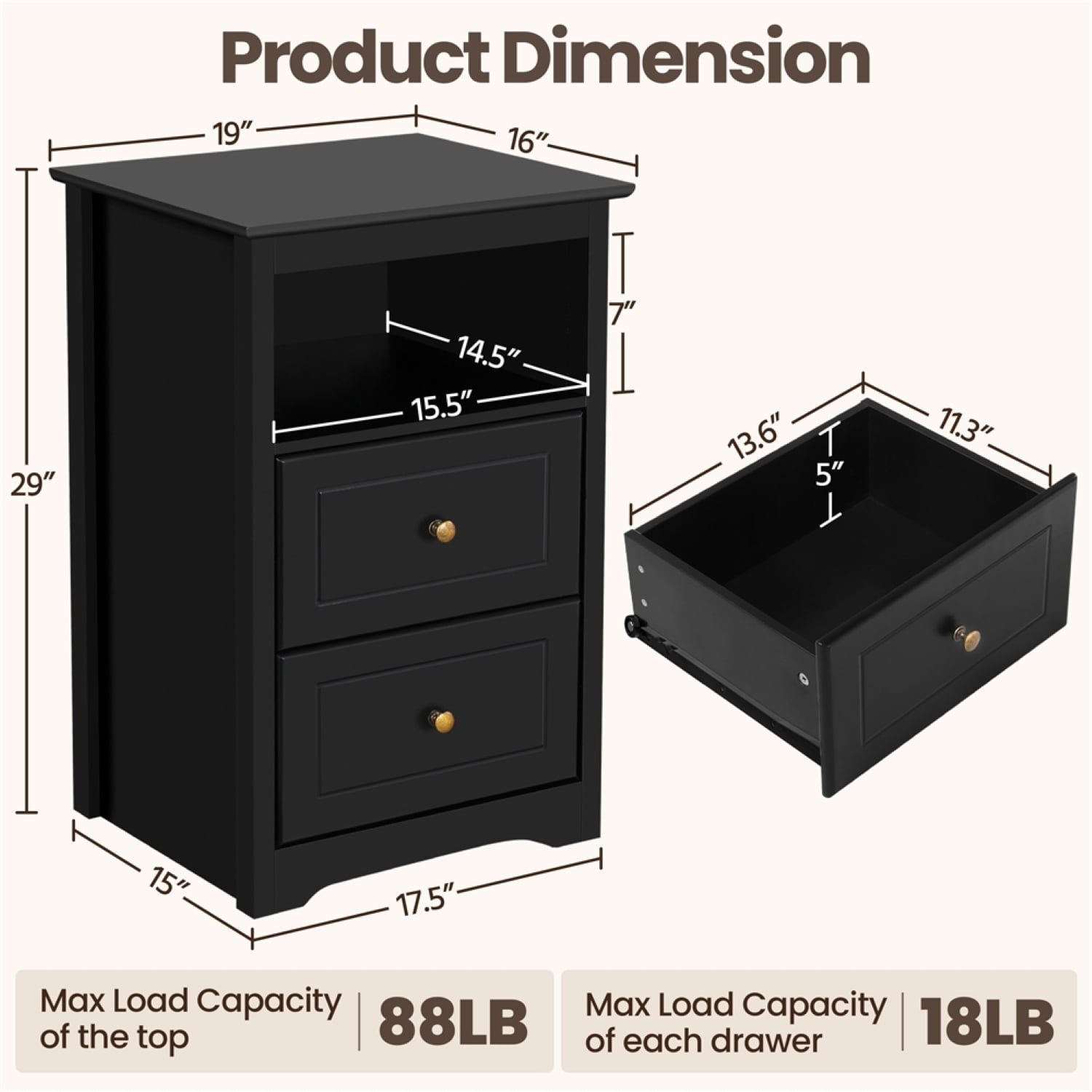 Yaheetech Nightstands with 2 Drawers & Open Shelf, Wooden Bedside Tables for Bedroom, Black