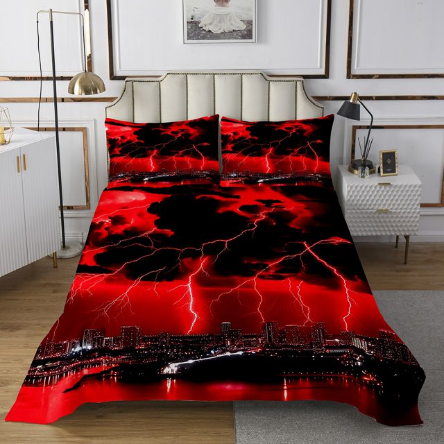 Erosebridal Ensembles de Courtepointe Éclairs Naturels Rouges pour Lit Simple, Ensemble de Literie Paysage Urbain Moderne 2 Pcs