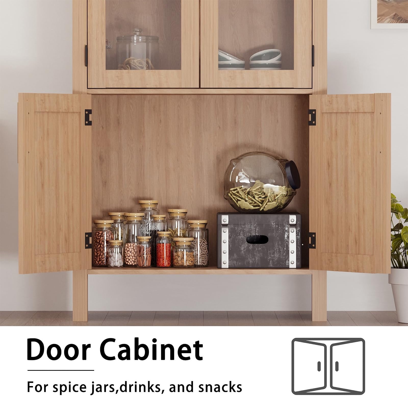 Accreate 60" Arched Display Cabinet with Fluted Details, Boho Glass Door Bookshelf, 5-Tier Tall Wood Pantry Cabinet, Arched Hutch Storage Cabinet for Entryway, Kitchen, Living Room