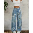 thumbnail image 5 of LMLYSoH Women's Floral Print Denim Pants Lightweight Mid Waist Loose Wide Leg Jeans Trousers, 5 of 9