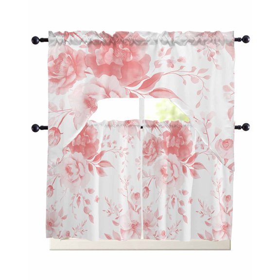 Pink Floral Art Kitchen Curtains Sets 36 Inch Length with Valance, Watercolor Botanical Spring Flowers Swag Valances and Tiers Curtain Set Drapes Swag Curtains for Living Room, Bathroom, Bedroom
