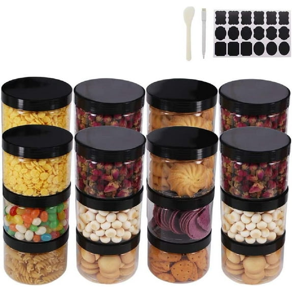 24 Pack 8 OZ Round Clear Plastic Jars With Lids, A Spatula, A Pen & Labels - BPA Free PET Container for Cosmetics, Cream, Bathroom, Kitchen, Gifts & Travel Plastic Slime Storage Jars by
