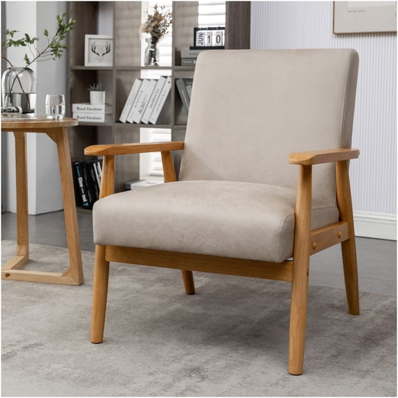 Mid-Century Modern Arm Chair in Light Camel, Upholstered Microfiber for Living Room, Office