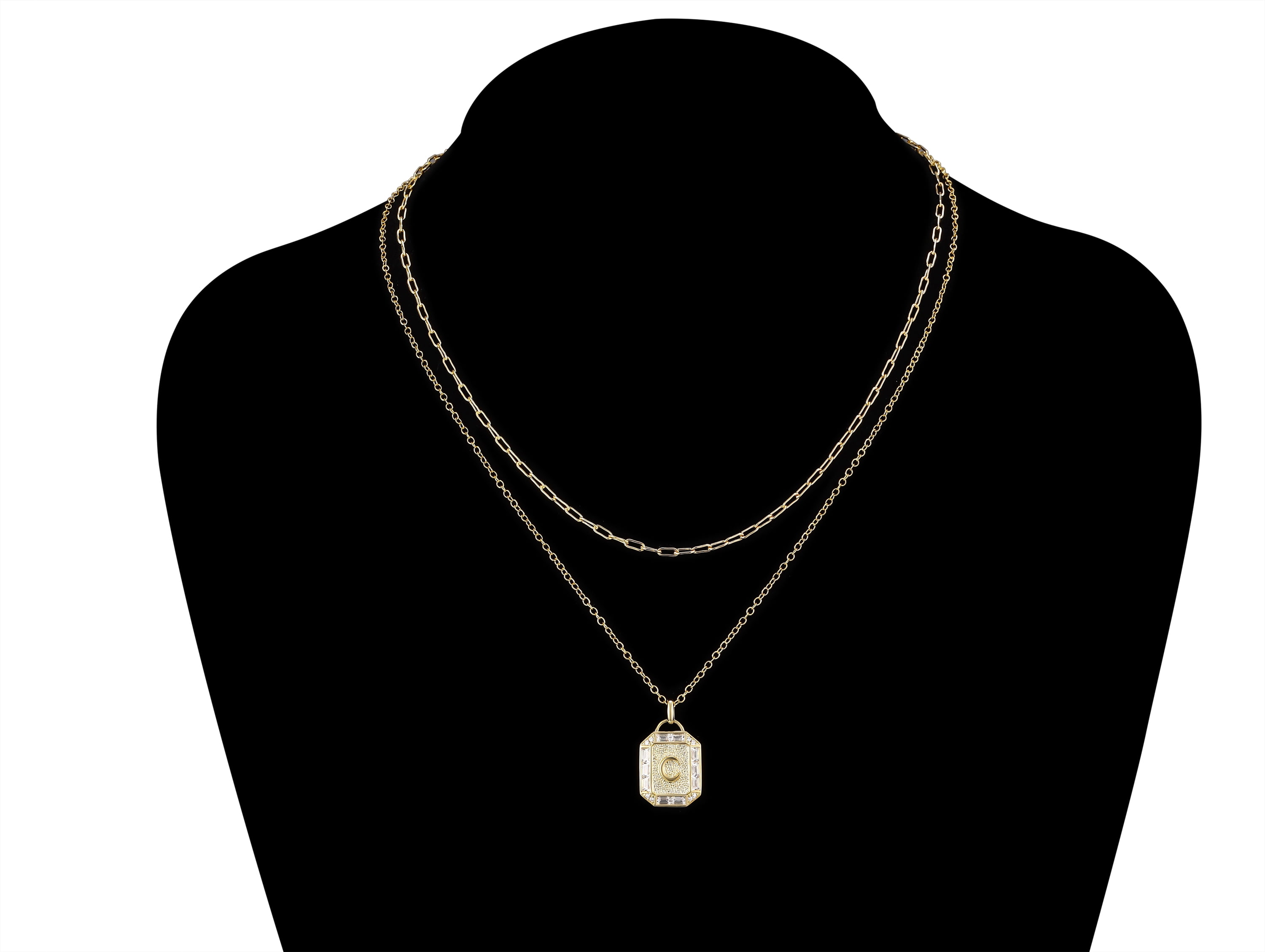 Adult 14KT Gold Flash Plated Initial Double Necklace Set with Simulated Diamonds