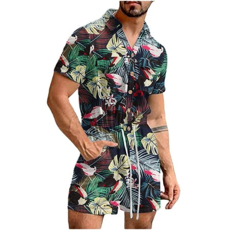 

Ecqkame Men s Flower Button Down Hawaiian Sets Clearance Men Casual Pocket Turndown Hawaii Print Button Placket Siamese Suit Black S