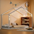 thumbnail image 3 of Harper & Bright Designs Twin Size Metal House Bed for Boys Girls, Floor Bed Frame with Shelves and Lights, White, 3 of 12
