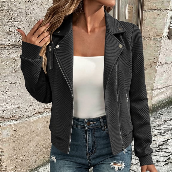 Womens Jacquard Textured Chevron Moto Jacket Lapel Collar Slim Short Biker Coat with Zip Pockets Casual Outerwear Black XXL