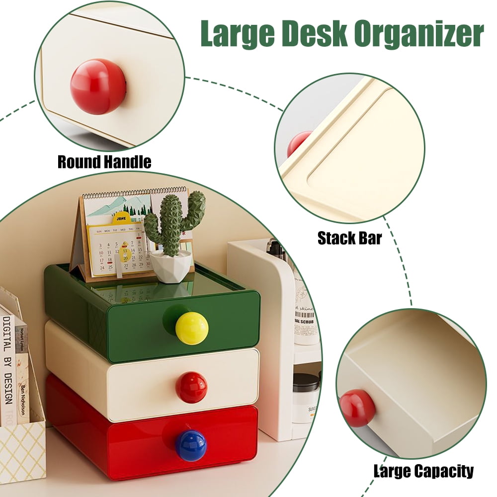 4Pcs Colorful Desk Organizer, Stackable Desktop Storage Box with Drawer, Large Desk Drawer Organizer with Cute Handle, Plastic Makeup Storage Drawer, Desk Organizer and Accessories for Home Office